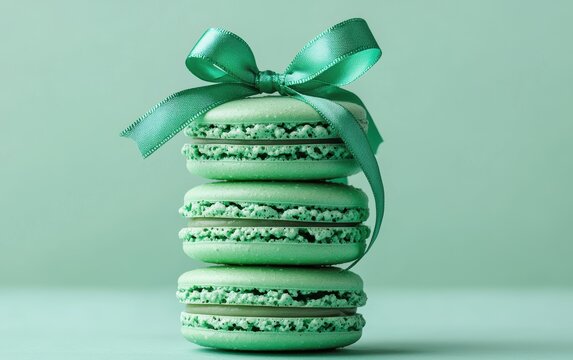 A stack of green macarons tied with an emerald satin ribbon on a pastel mint background, refreshing and unique treat for Saint Valentines Day