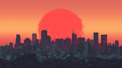 Fototapeta premium Urban sunset: a cityscape with a red sun burst. Shaded Horizon. Illustration