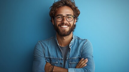 Obraz premium Happy smiling man with arms crossed against a blue background. (1)
