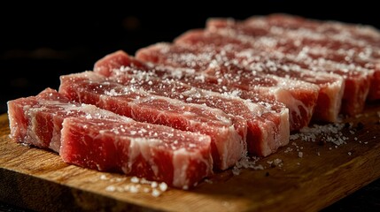 Fototapeta premium Salted raw beef strips on wooden board, dark background, ready to grill