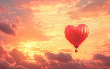 Fototapeta premium A heart-shaped hot air balloon floating in a dreamy sunset sky with soft clouds, magical love scene for Saint Valentines Day