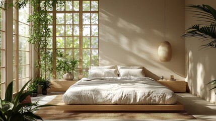 Serene Bedroom with Natural Light and Lush Green Plants