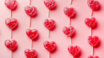 Pattern of cracked and broken red heart shaped lollipops on a stick on a pink background from the top view. Symbolism of romance and the holiday of  Valentine's Day.