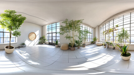360 degree full panorama environment map of empty office loft interior with white tiled floor and bright day lighting 3d render illustration hdri hdr vr virtual reality content