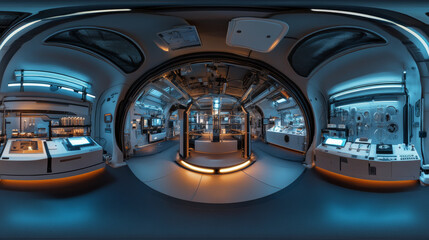 Obraz premium 360 degree full panorama environment map of futuristic laboratory hall space station floor with product presentation light stand 3d render illustration hdri hdr vr virtual reality