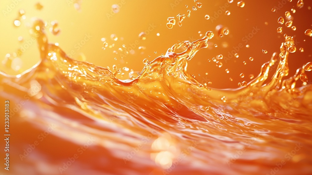 Poster orange liquid splashing with bubbles and waves