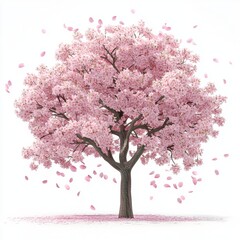 Obraz premium Blooming cherry blossom tree with soft pink petals falling gently, isolated on a clean white background