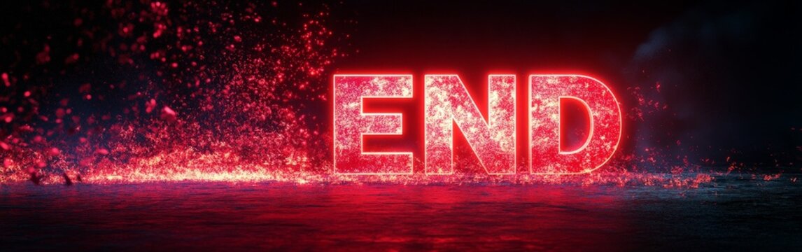 A glowing red metallic 'END' text on a dark background, evoking a cinematic sense of finality and suspense, ideal for dramatic endings.