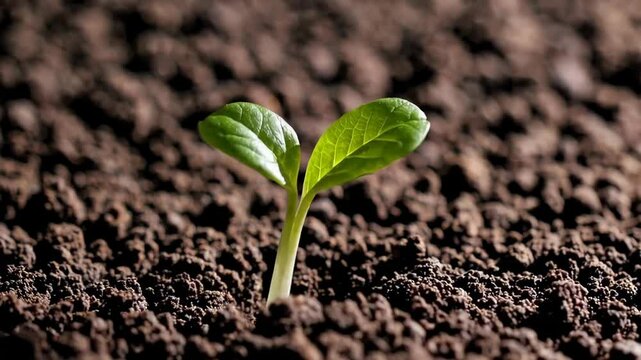 New life emerges: Tiny green seedling sprouts from rich brown soil. Time-lapse of plant growth shows nature's miracle. Gardening and agriculture concept