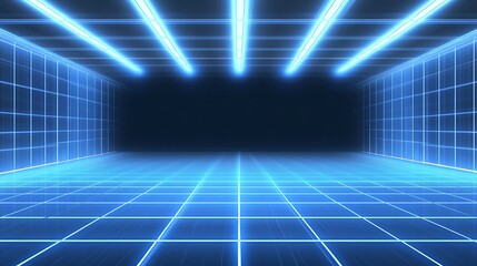 Abstract Blue Grid Room with Neon Lights