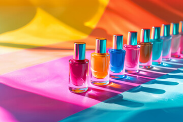 Colorful nail polish bottles arranged in a vibrant composition with bold lighting and shadows, creating a dynamic and artistic beauty display