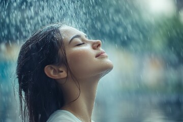 Standing in the rain, a woman tilts her face upwards with eyes closed, allowing the droplets to wash over her. This moment symbolizes emotional release and connection with nature