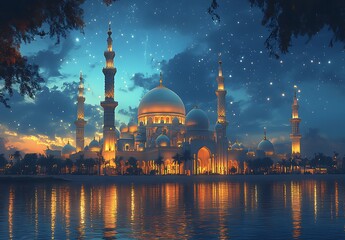 Naklejka premium Radiant Mosque Reflected on Tranquil Waters Under a Starry Twilight Sky