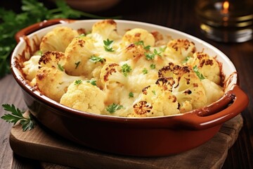 Mouth-Watering Baked Cauliflower Gratin with Melted Cheddar Cheese: A Delicious Vegetarian Dish