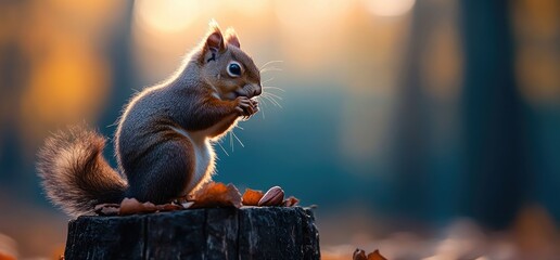 Obraz premium Squirrel eating nut on stump, autumn forest sunset. Nature wallpaper