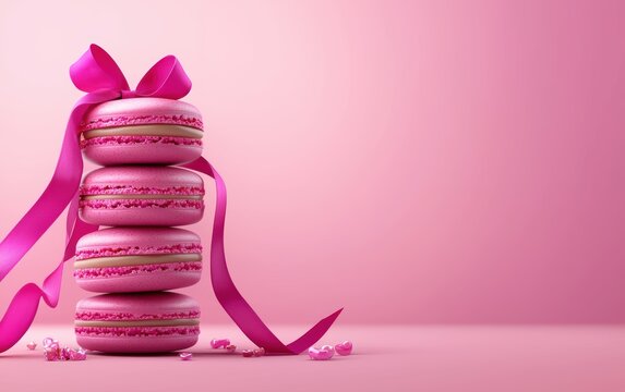 A stack of magenta macarons tied with a bold fuchsia ribbon on a lively pink gradient background, eye-catching and fun dessert for Saint Valentines Day