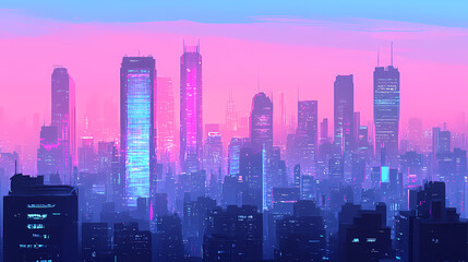 A flat illustration of a futuristic cityscape at dusk, with tall skyscrapers glowing in shades of pink, blue and purple. Shaded Horizon. Illustration