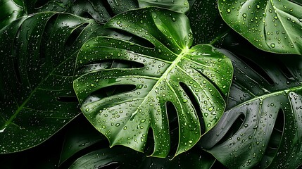 Fototapeta premium Lush Green Monstera Leaves Glistening With Dew Drops