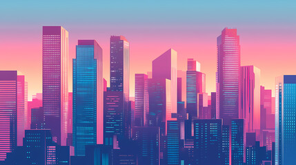Fototapeta premium A flat illustration of a futuristic cityscape at dusk, with tall skyscrapers glowing in shades of pink, blue and purple. Shaded Horizon. Illustration