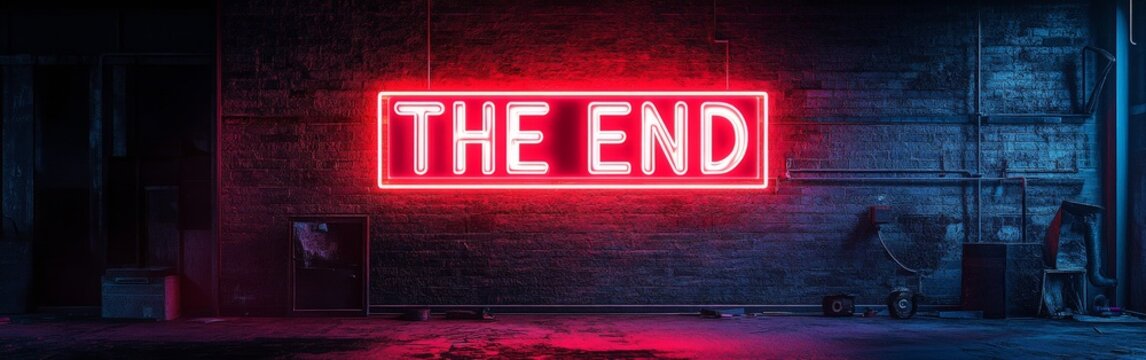 A glowing red metallic 'END' text on a dark background, evoking a cinematic sense of finality and suspense, ideal for dramatic endings.