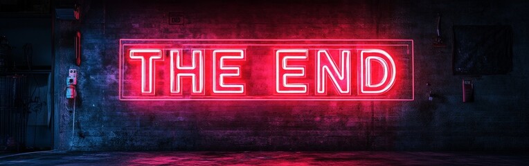 A glowing red metallic 'END' text on a dark background, evoking a cinematic sense of finality and suspense, ideal for dramatic endings.