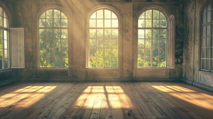 empty vintage living room interior with big windows and wooden floor 3d render illustration