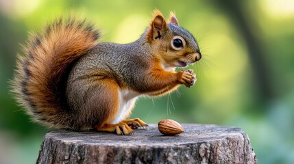 Obraz premium Squirrel eating nut on stump, park background, nature wildlife image