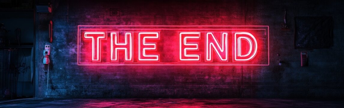 A glowing red metallic 'END' text on a dark background, evoking a cinematic sense of finality and suspense, ideal for dramatic endings.