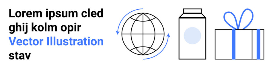 Globe with arrows, milk carton, gift box with bow, and placeholder text with a blue accent. Ideal for packaging design, gift services, global business, marketing, advertisements web design product