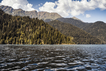 view from the lake to the mountains