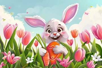 Cheerful Easter bunny holding a carrot and a painted egg, surrounded by blooming pink tulips and butterflies under a bright, sunny sky