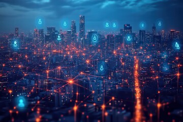 Fototapeta premium City skyline with floating digital avatars above each building, connected by data lines, visualizing modern workforce spread across different locations, emphasizing remote work.