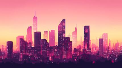 A vibrant skyline featuring iconic buildings in shades of pink, showcasing modern cityscape that evokes sense of creativity and artistic expression. Shaded Horizon. Illustration