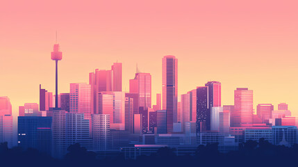Fototapeta premium A vibrant skyline featuring iconic buildings in shades of pink, showcasing modern cityscape that evokes sense of creativity and artistic expression. Shaded Horizon. Illustration