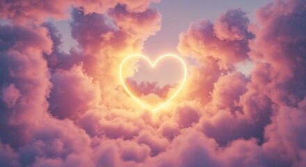Neon heart clouds, pink sunset sky, romantic love.  Pastel.