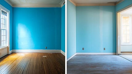 Side-by-side comparison a room painted fresh blue with new floors highlighting renovation work