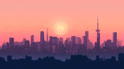 Fototapeta premium Abstract silhouette of a city skyline during twilight with muted tones and soft gradients. Shaded Horizon. Illustration