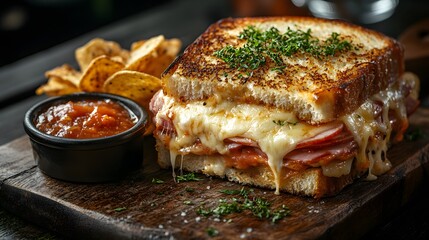 Warm and Cheesy Croque Monsieur Sandwich with Melted Cheese and Accompanying Homemade Chips and Tomato Sauce
