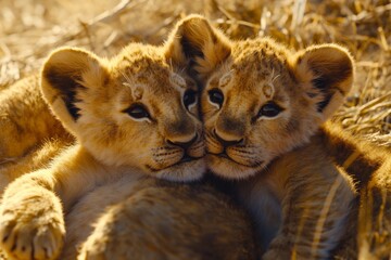 Obraz premium Two adorable lion cubs are playing together, enjoying their time in the warm golden light of the savannah during sunset. Their playful interactions showcase their youthful energy