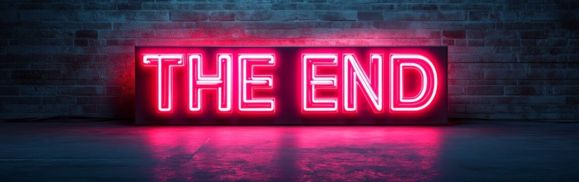 A glowing red metallic 'END' text on a dark background, evoking a cinematic sense of finality and suspense, ideal for dramatic endings.