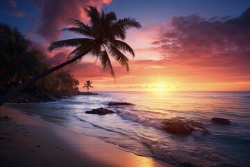 Paradise Beach: Stunning Sunset on Tropical Island with Bright Palm Trees and Ocean View
