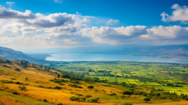 Panoramic View of Galilee and its Stunning Landscape from Mount of Beatitudes, Israel