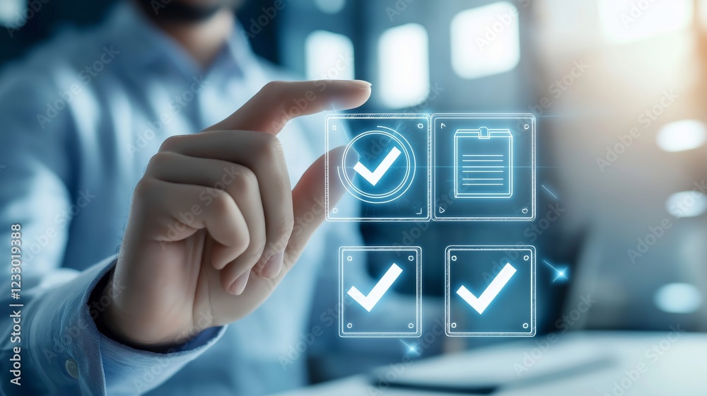 Aufkleber hand pointing at digital selection icons, symbolizing decision-making, choice, technology, user inte