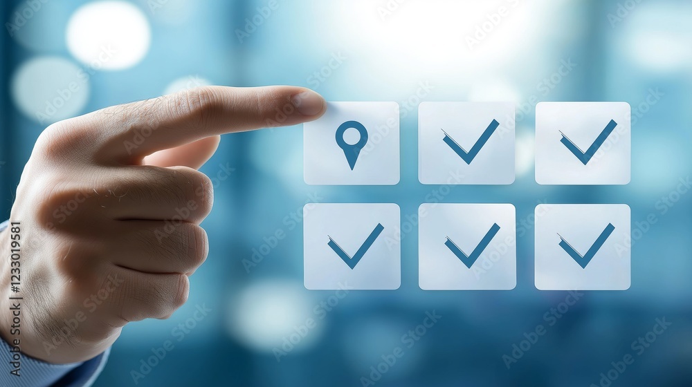 Aufkleber hand pointing at digital selection icons, symbolizing decision-making, choice, technology, user inte