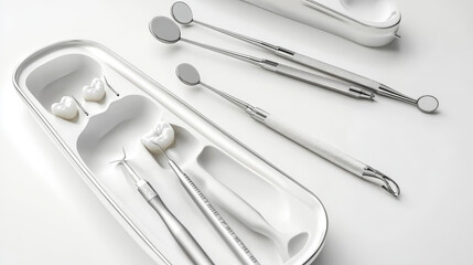 Dental probe tool set with metal mirror and white healthy tooth isolated on white background with copy space 3d illustration render