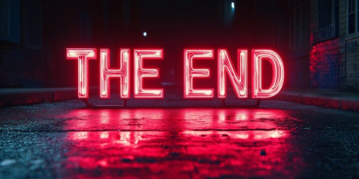 A glowing red metallic 'END' text on a dark background, evoking a cinematic sense of finality and suspense, ideal for dramatic endings.