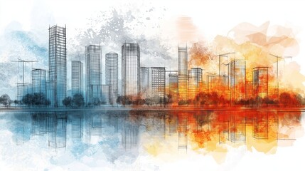 Obraz premium Dramatic city skyline with abstract fire and ice colors symbolizing duality, transformation, urbanization, and artistic architectural vision, Generative AI
