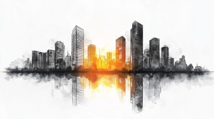 Obraz premium Abstract black-and-white city skyline sketch with sunlight reflecting on water, symbolizing urbanization, design, architecture, and futuristic vision, Generative AI