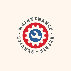 Service maintenance and repair creative vector logo design idea. Rounded symbol with wrench tool and cogwheel shape.