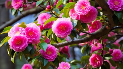 Pink Camellia Blossom on Tree. Closeup of Vivid Pink Camellia Flower and Bud with Lush Green Foliage and Leafy Tree in Background